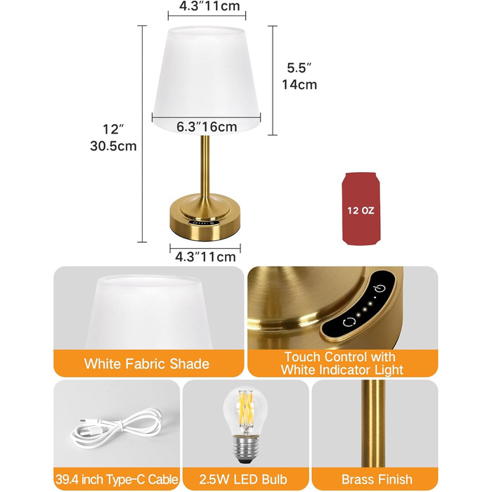 Акумуляторна LED настільна лампа OUTON з зарядкою та димером, 3 кольори світла, 4000mAh, до 60 год роботи, золота - 1 шт.