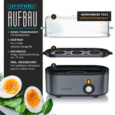 Електричний яйцеварка Arendo Threecook з нержавіючої сталі - 1-3 яйця, регулювання ступеня готовності, BPA-free, сірий колір