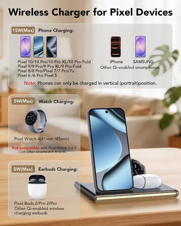 Бездротовий зарядний пристрій 3-в-1 для Google Pixel Watch 4, Pixel 10 Pro/10/9 Pro/9/8/7, iPhone та Samsung (Чорний)