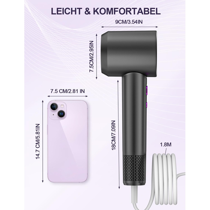 Іонний фен DMTIVMG з потужним мотором 150 000 об/хв, 200 млн негативних іонів, 4 температурні режими, 3 швидкості, швидке сушіння, магнітне сопло, тихий