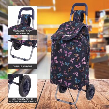 Hoppa 57L Shopping Trolley Large Shopping Roller Waterproof Shopping Cart Wagon (Black Flamingos) (Navy Blue Butterflies)