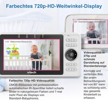 Vtech VM901-1W WiFi камера: розумний дитячий монітор з 5-дюймовим HD-дисплеєм, 1080P, поворотна камера, мобільний додаток, широкий кут огляду 120°, сумісність з iOS та Android