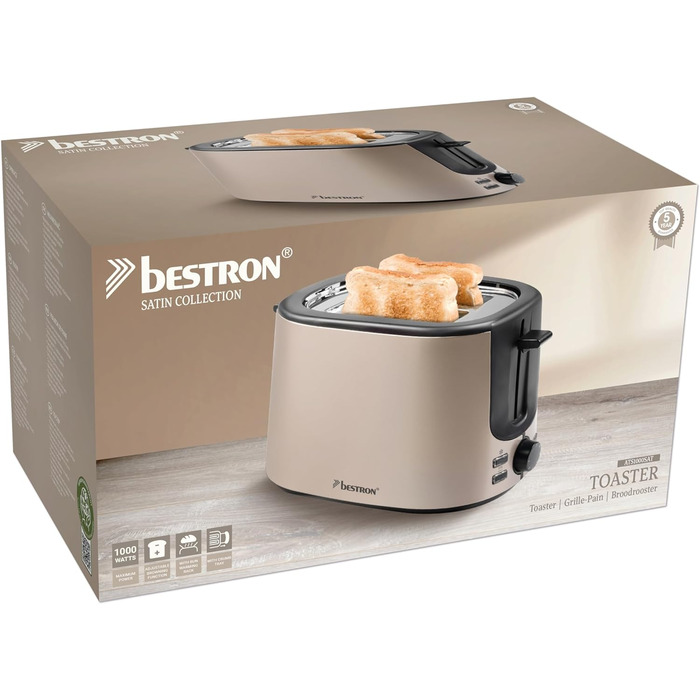 Тостер Bestron Satin Collection: 2 камери, 7 рівнів підсмажування, крихтозбірник, підставка для тостів, 1000 Вт, світло-бежевий