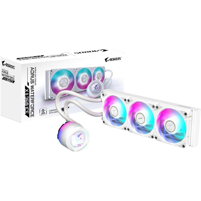 Водяне охолодження CPU GIGABYTE AORUS WATERFORCE II 360 Ice AIO з LCD-дисплеєм - 3x120mm RGB вентилятори, сумісність Intel LGA 1851 та AMD AM5, білий корпус