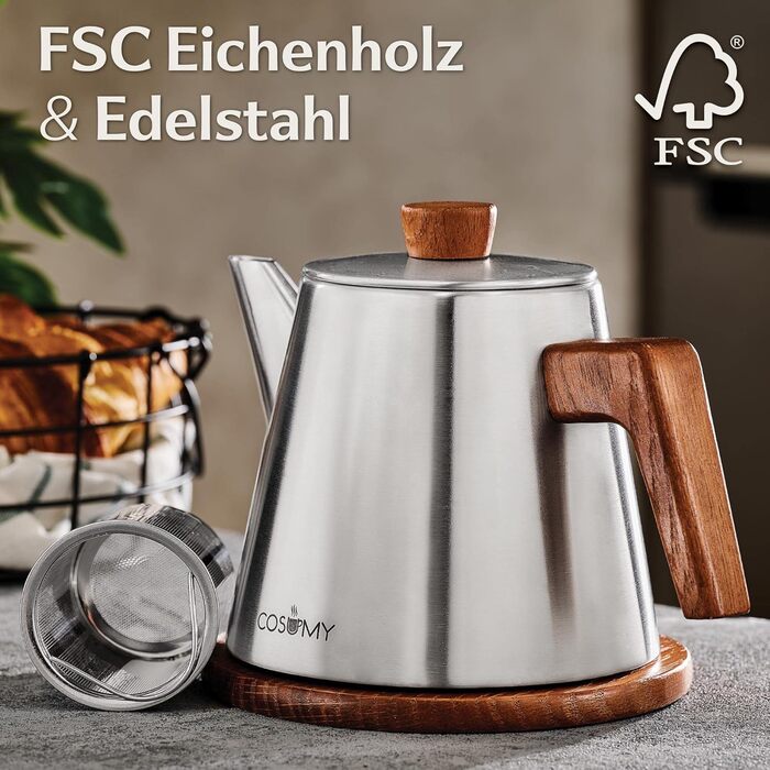 Teapot with infuser and trivet - Stainless steel & FSC wood - Induction and all other stovetops - 1200ml