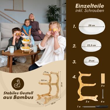 Керамічна фруктова тарілка на 3 яруси з бамбуковою підставкою | Obst Etagere | Сучасна тарілка для фруктів, закусок, випічки для кухні та вітальні