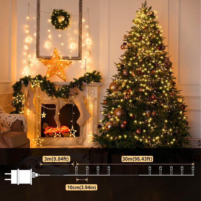 LED гірлянда для декору приміщень та вулиці, 33м, 300 LED, тепле біле світло, для саду, вечірки, весілля, Різдва, тераси, балкону