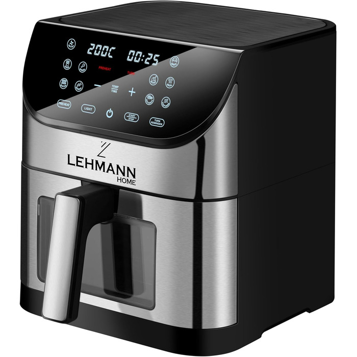 Аерофритюрниця Lehmann XXL 8 л з оглядовим вікном, без олії, 1800 Вт, сенсорна панель, 10 програм, таймер, контроль температури до 200°C
