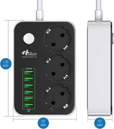 Багаторозкладна мережева панель HULKER з 3 розетками та 6 USB-портами, захист від перенапруги, 1.6 м, універсальна