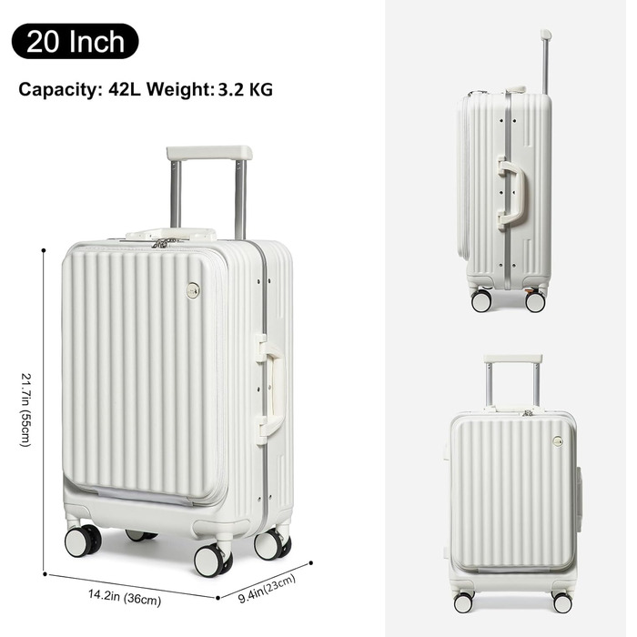 Валіза ручної поклажі Sea Choice з жорстким корпусом з PC, відділенням для ноутбука, USB-портом, 8 колесами Spinner, TSA замком та тримачем для напоїв (білий)