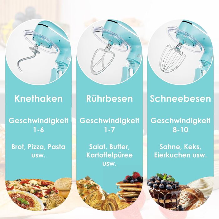 Кухонна машина Küchenmaster 6L, 1300W, з набором насадок (міксер, гак для тіста, вінчик), темно-зелений/синій