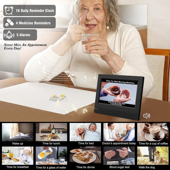 Ykall 7-Inch Digital Calendar Clock for Seniors, Alarm Clock with Reminder Function, Clear Day/Date and Time, Large Display, Ideal for Dementia and Alzheimer's Patients
