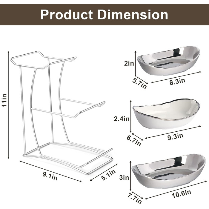 Керамічна фруктова ваза на стільницю, 3-ярусна, з металевим каркасом, для фруктів, овочів та десертів (срібна)