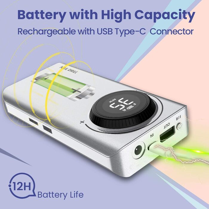 Електричний фрезер для манікюру та педикюру Delanie з акумулятором, 35000 об/хв, для гелю, акрилу, видалення кутикули, LED-дисплей, USB-зарядка (сріблястий)