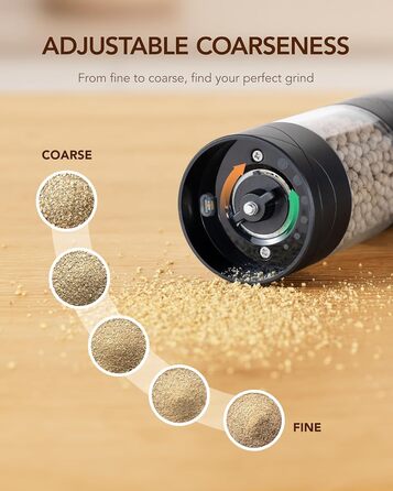 Sangcon Salt and Pepper Grinder 2-Piece Set, Rechargeable via USB, with LED Light, Large Capacity Pepper Grinder, Automatic Grinding and Adjustable Grind Fineness, Suitable for a Variety of Selection