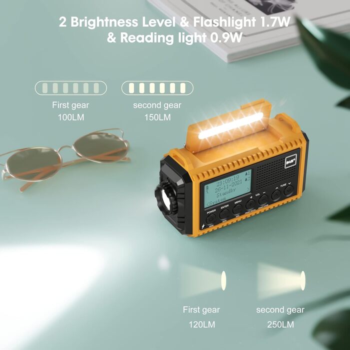 Радіоприймач Kurbelradio з DAB+/DAB/UKW, акумулятор 5000mAh, ліхтарик, аварійне радіо, USB-зарядка, FM, динамо, SOS-сигнал, для туризму та відпочинку на природі (жовтий)