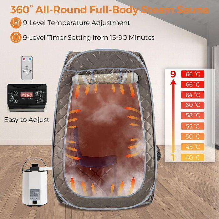 Портативна парова сауна HOMASIS для дому з генератором пари 3 літри, з пультом дистанційного керування, 9 температурних режимів та 9 таймерів, мобільний сауна-тент з відкидним стільцем та масажером для ніг (сірий)
