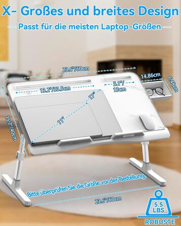 Столик для ноутбука Potuopy з регулюванням висоти та кута нахилу, X-Large, для роботи, читання та їжі на ліжку/софі, 60*40 см, білий мармур