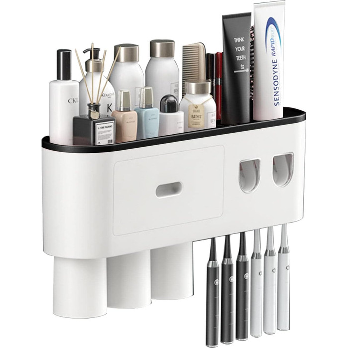 Toothpaste Dispenser Bathroom Toothbrush Holder Set, Wall-Mounted Toothbrush Holder with Double Automatic Toothpaste Dispenser, 3 Cups, and Drawer for Bathroom