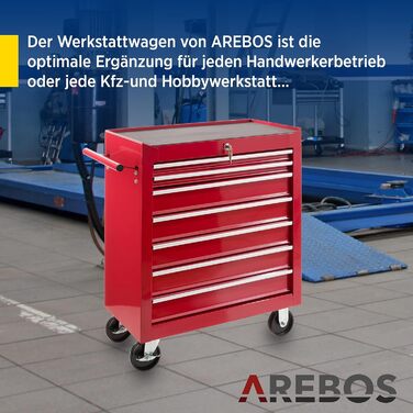 Arebos 7-Drawer Tool Cart | Central Locking Tool Wagon with 2 Keys & Anti-Slip Mats | Ball Bearing Drawers | 2 Wheels with Brake | (Red)