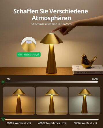 BOJIM 2 шт. LED настільна лампа золота, акумуляторна, USB, бездротова, диммування, магнітна, IP54, вологостійка, для балкона, поворотний наголовник