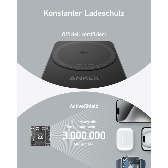 Anker MagGo 3-в-1 Бездротова Зарядна Станція Qi2 15W MagSafe для iPhone 17/16/15/14, Apple Watch 9, AirPods (з USB-C 40W адаптером) - Чорна