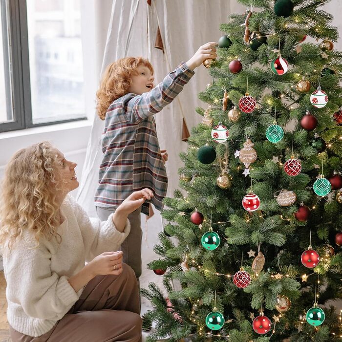 Набір прикрас на ялинку 44 шт. (6см та 3см) - блакитні та срібні ялинкові кулі для декору ялинки в приміщенні та на вулиці (червоний, зелений)