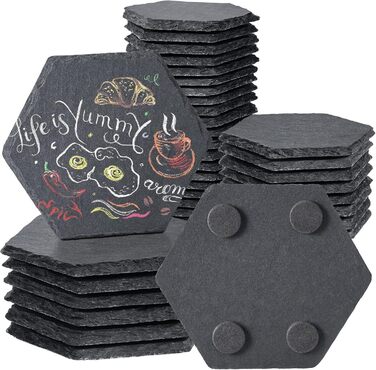 MAPRIAL 36-Piece Slate Coasters Bulk, 10.2 cm Hexagonal, Blank, Black Stone Coasters for Drinks, Natural, Handmade, Hexagon, Stone for Laser Engraving, Gifts, Engraving, Halloween