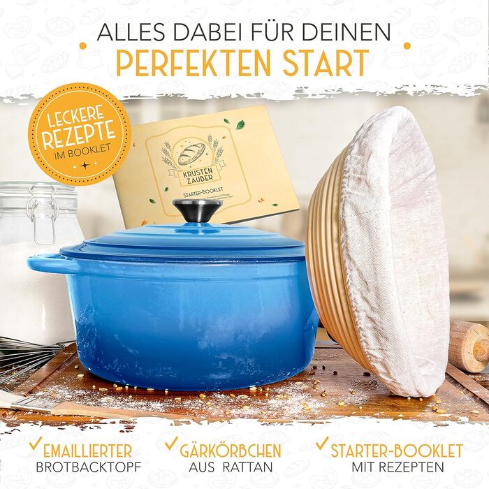 KRUSTENZAUBER Enameled Cast Iron Pot for Bread Baking [incl. Proofing Basket] - High-Quality Enamel Pot 26cm - Ideal cast iron pot for baking bread, cast iron bread baking pot, bread baking accessories Blue