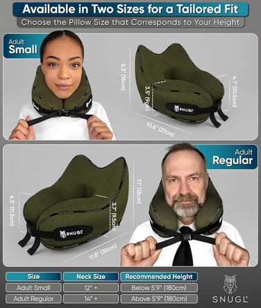 Подушка для шиї SNUGL з Memory Foam, регульована та миюча | Зручна подушка для подорожей на літаку, в авто та в дорогу | Подушка-шия, Neck Travel Pillow (доросла, маленька, оливковий)