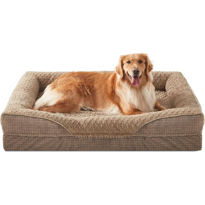 Ортопедичне ліжко для собак FURTIME, середнього та великого розміру, з піною з пам'яті, знімний та пральний кошик для собак, великий борт, 89 x 64 x 18 см (XL 107x81x19 см), коричневий
