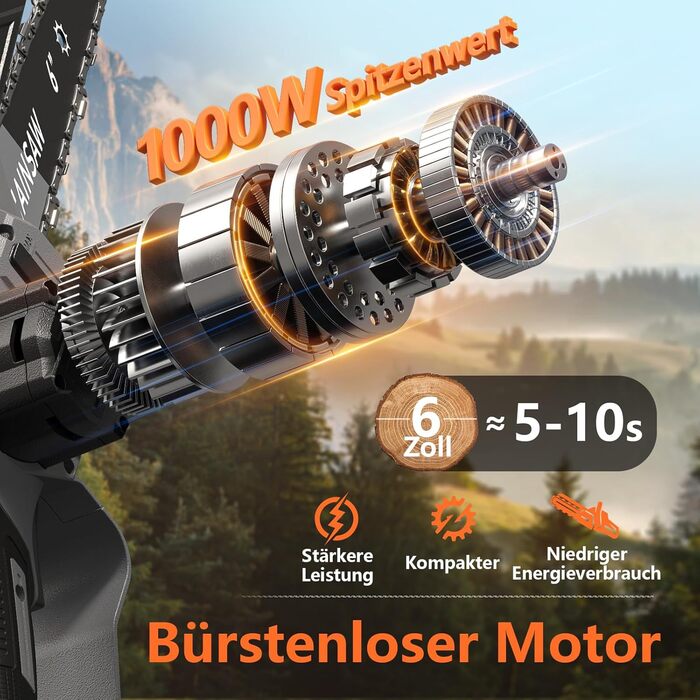 Акумуляторна міні-пила для саду та дерева 6 дюймів, 1000W безщітковий двигун, сумісна з Makita 18V, автоматичний змащувач, для обрізки гілок та дерева (1*2000mAh)