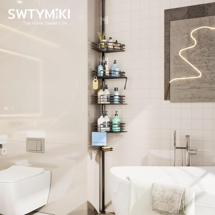 Поличка для душу SWTYMIKI без свердління, кутова, телескопічна, з 4 кошиками, з нержавіючої сталі (70-267см, чорна)