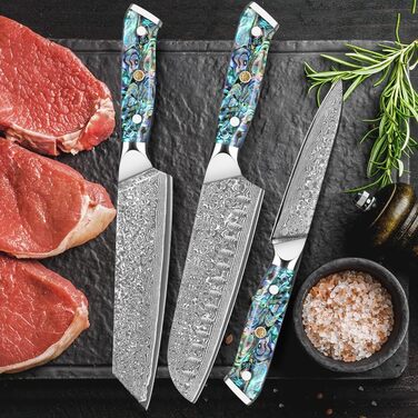 Ніж Santoku з дамаської сталі 18 см: преміум якість, VG-10 сталь, ручка з мушлі Абалоне, подарункова коробка