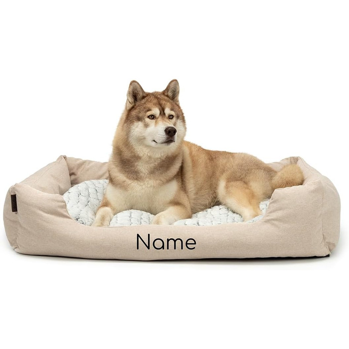 Lionto Dog Basket with Fluffy Reversible Cushion, Cozy Pet Bed in Heathered Design with Deep Entry for Dogs & Cats of All Sizes, 80x60 cm, Soft Dog Bed, (Beige, L 110 x W 80 x H 28 cm (with name tag))