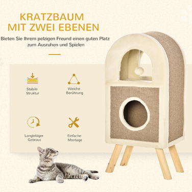 PawHut Багатоярусна котяча кімната з когтеточкою, іграшками, ліжком для котів та ковзаючою килимком з ДСП, плюшу та сизалю кольору кави
