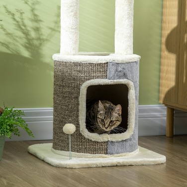 PawHut Стабільний котячий комплекс, котячий будинок з котячою печерою, платформами, сизалевою колоною, іграшковим м'ячиком, кремово-білий, 48 x 48 x 110 см | Aosom