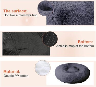 fireowl Donut Dog Bed Large Fluffy: 70cm Soothing Puppy Bed Anti-Anxiety Cat Bed - Plush Pet Bed Round Cozy Washable (L 60 x W 60 x H 20 cm, Grey)
