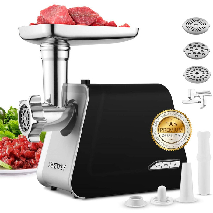 М'ясорубка електрична 2000 Вт з насадкою для ковбас, нержавіюча сталь, 3 диски, чорна - для дому