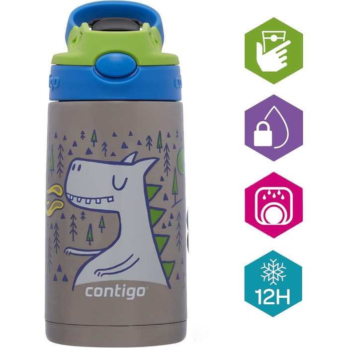 Contigo Kinder Easy Clean Autospout Water Bottle with Straw, BPA-Free Durable Water Bottle, 100% Leak-Proof, Easy to Clean, Ideal for Daycare, Kindergarten, School, and Sports, 420 ml (Matcha Dragon, Stainless Steel)