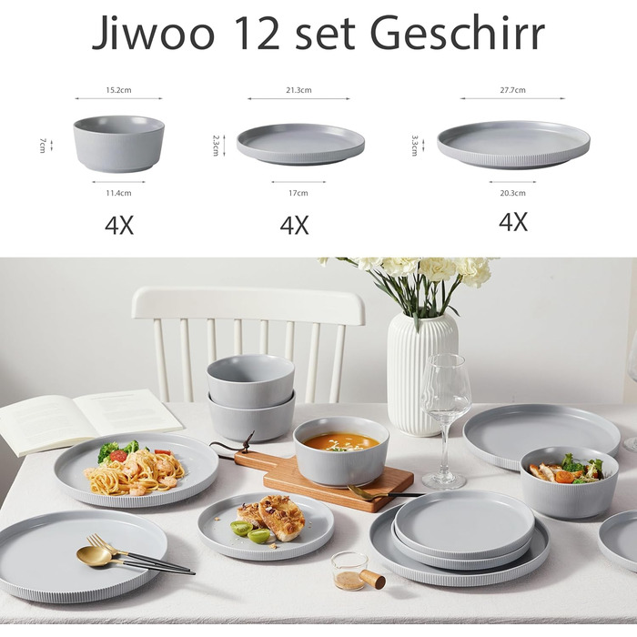 Набір посуду Jiwoo для 4 осіб (12 предметів): тарілки, десертні тарілки, супові миски. Bone China, матовий сірий колір, для мікрохвильовки та посудомийної машини