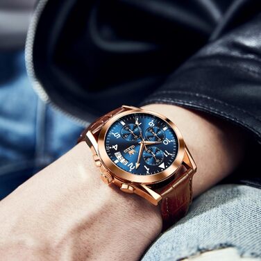 Годинник чоловічий OLEVS Vintage з шкіряним ремінцем, великий циферблат, водонепроникні, аналогові годинники з датою (2878, блакитний циферблат/коричневий ремінець)