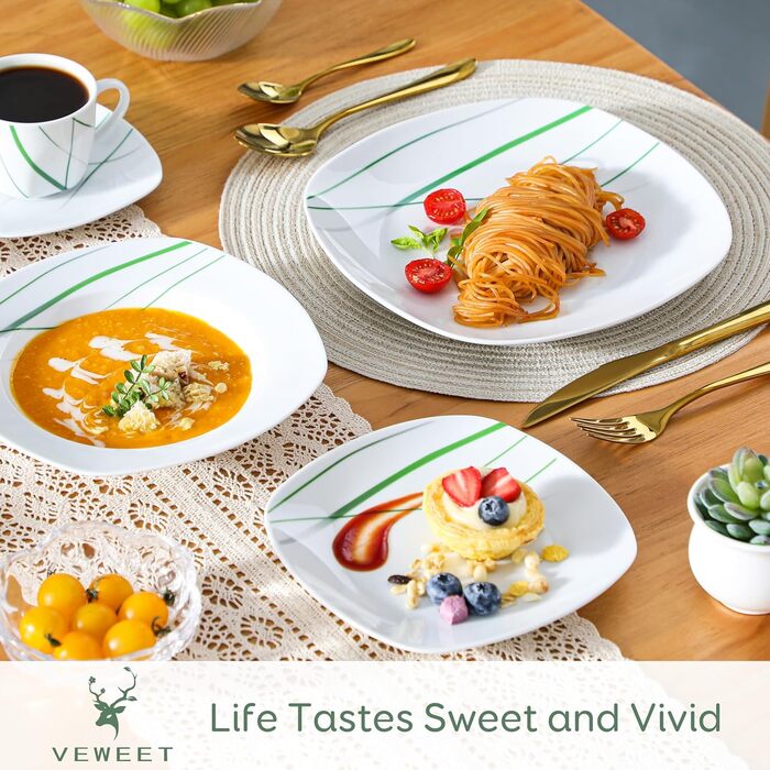 VEWEET Сервіз столовий 'Aviva' з порцеляни, 60 предметів | Комплектний сервіз для 4-12 осіб: тарілки, супові тарілки, десертні тарілки, чашки та блюдця | Комплектний сервіз на 60 предметів