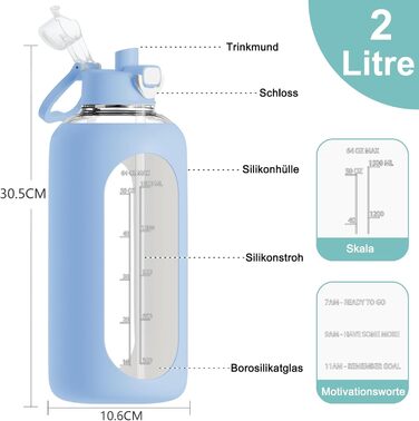 2 Liter Glass Water Bottle, 2L Glass Bottle, Glass Water Bottle with Straw, Bottle Brush (Blue)