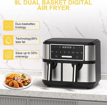 Euary Max Dual Zone 10L цифрова аерофритюрниця з двома незалежними кошиками 4 л та 6 л для сім'ї, 8-в-1, з рецептурником, таймером і регулюванням температури