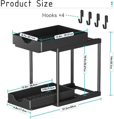 StowBin Kitchen Organizer, 2 Pack Under Sink Shelf with 4 Hooks, Dish Cabinet Organizer, Bathroom Organizer, Closet Organizer, Organization System for Kitchen