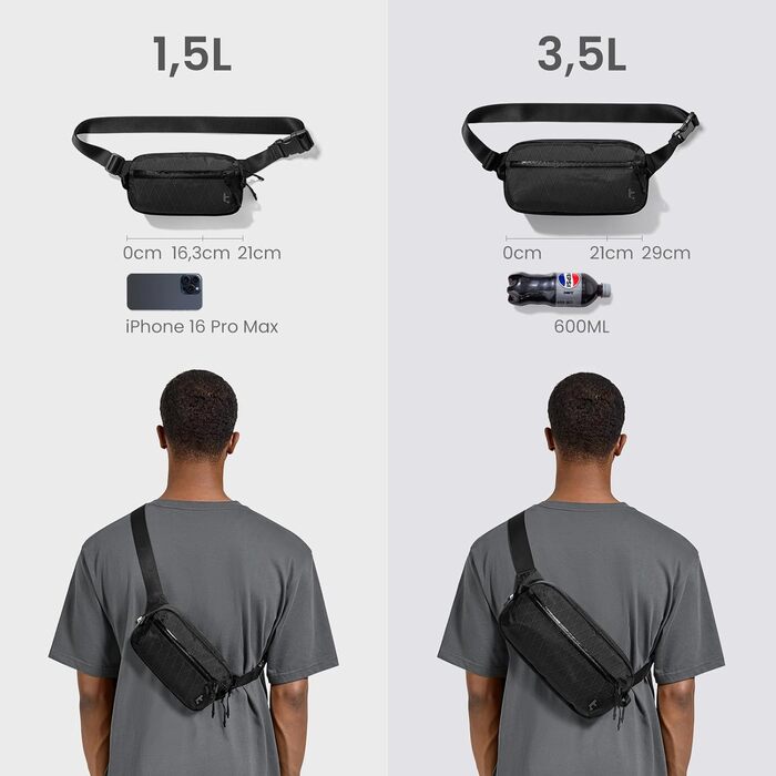 tomtoc X-Pac нагрудна сумка для чоловіків та жінок, 1,5 л, чорна. RFID захист, для подорожей, повсякденного використання