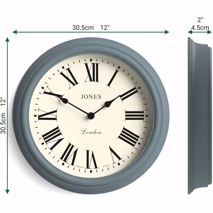 JONES CLOCKS® Venetian Wall Clock | Classic Round | 30cm | Green | Roman Numerals | Traditional design ideal for kitchen, living room or bedroom (Old Boat Blue / Roman Numerals)