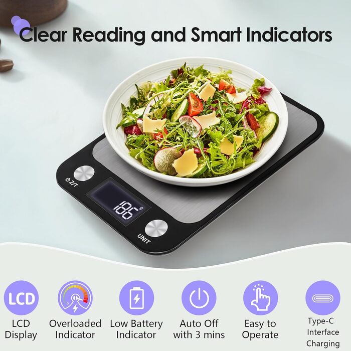 Кухонні ваги Muaket 1г/10кг з великою платформою 17,5x15см, електронні, з тарою, 7 одиниць вимірювання, для продуктів, овочів, фруктів