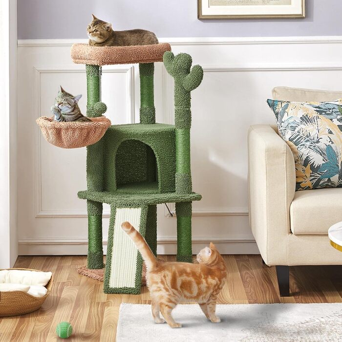 Yaheetech Cat Tree Cactus, Height 106.5 cm, Stable Cat Tree Climbing Tree with Viewing Platform, Cat Cave, Lounging Bed, Sisal Posts, Green/Brown